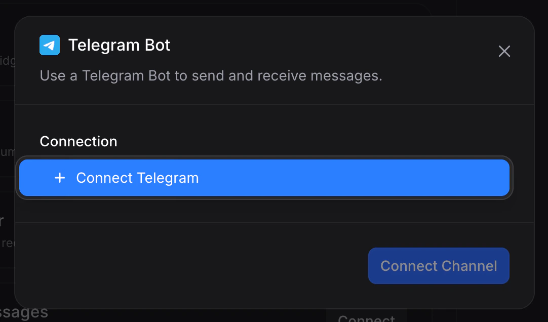 Empty Telegram Bot connect dialog with a + Connect Telegram button inside the Connection field