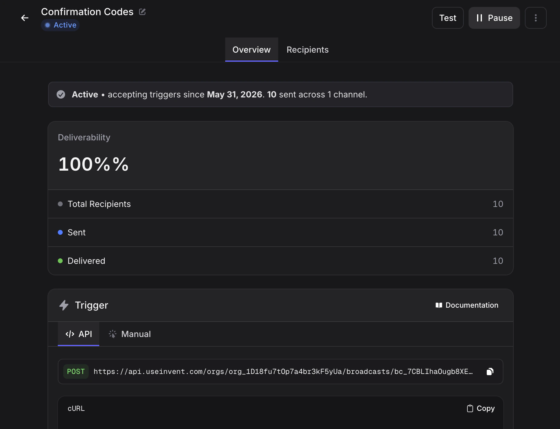 A transactional broadcast showing the trigger panel and the Ready to activate checklist