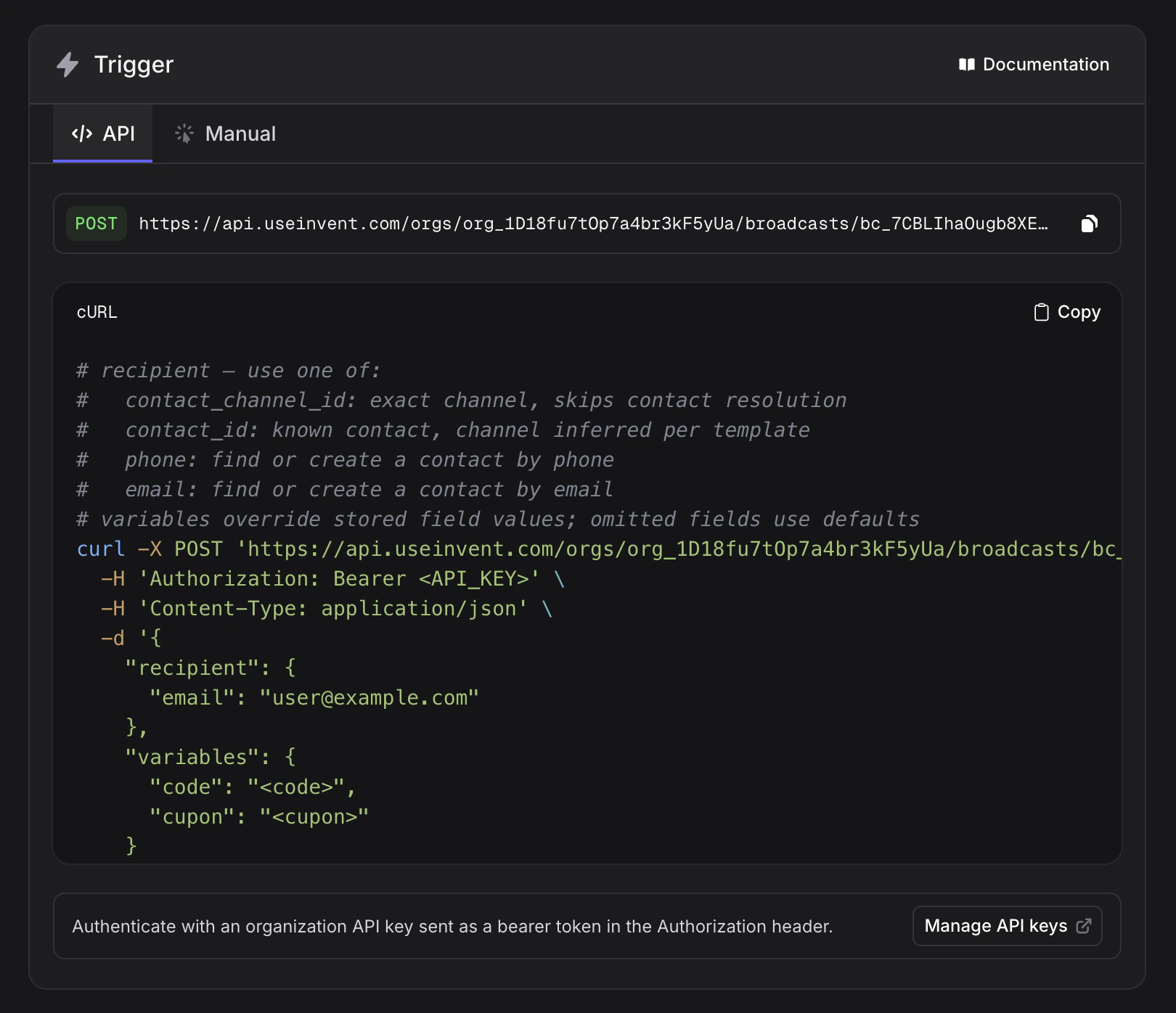 Trigger API tab showing the POST endpoint, a cURL example, and a Manage API keys button