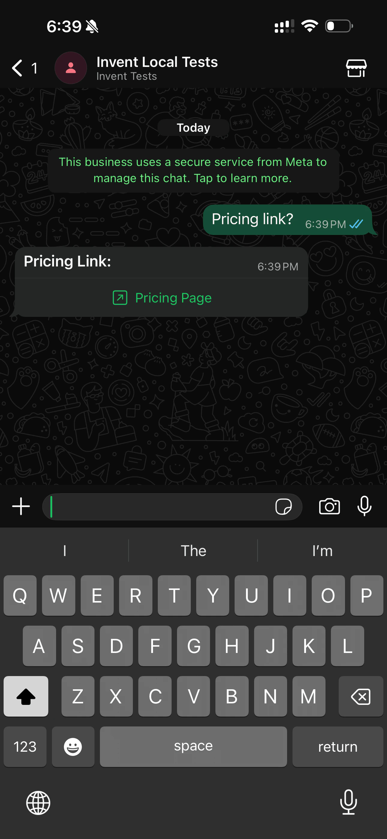Pricing Page link button on WhatsApp