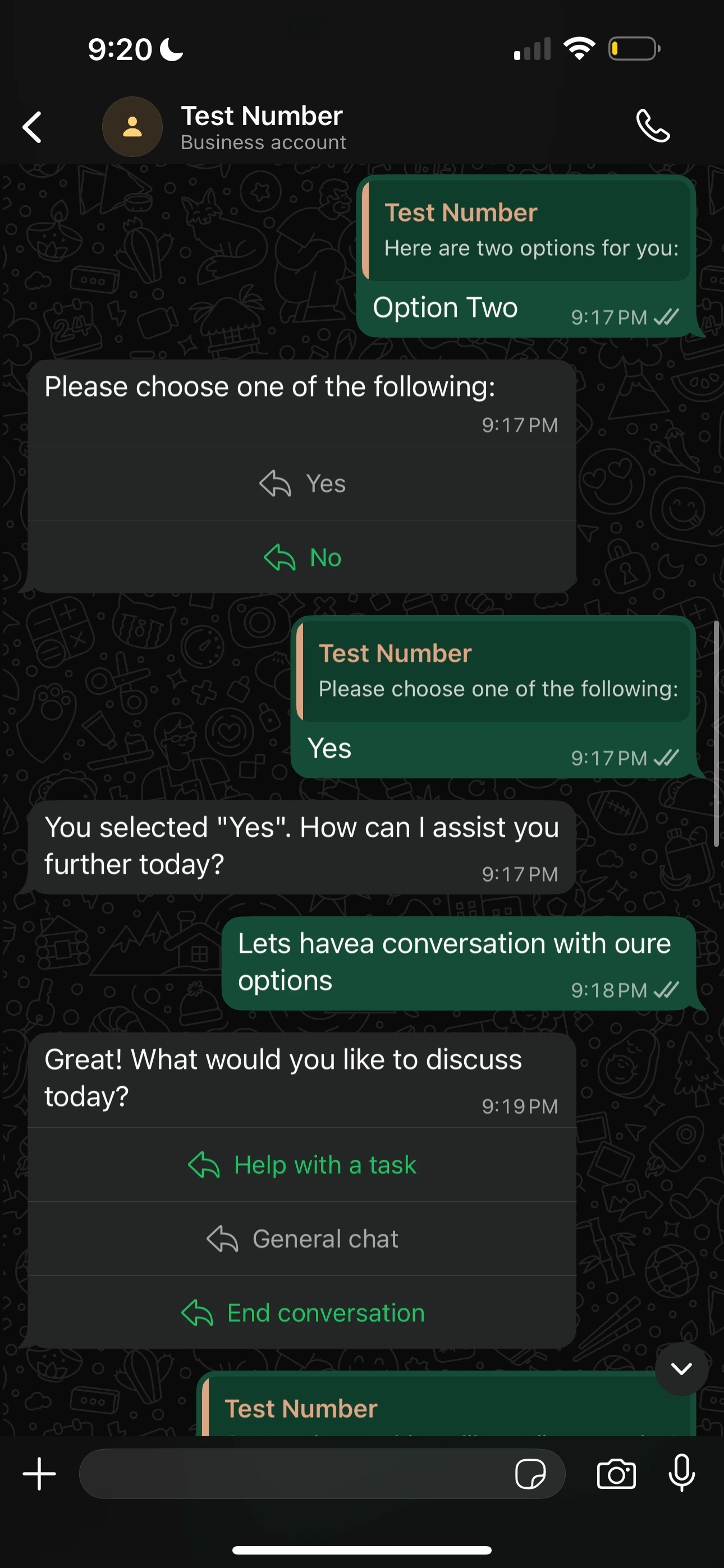 Assistant presenting Yes/No options and a menu on WhatsApp