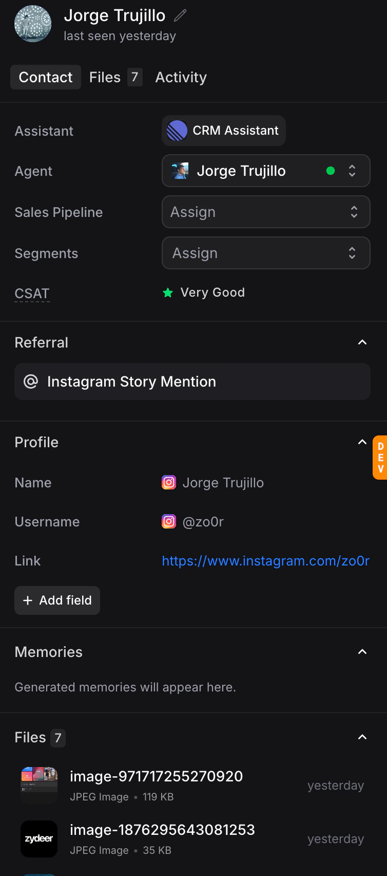 Contact panel showing referral source and files