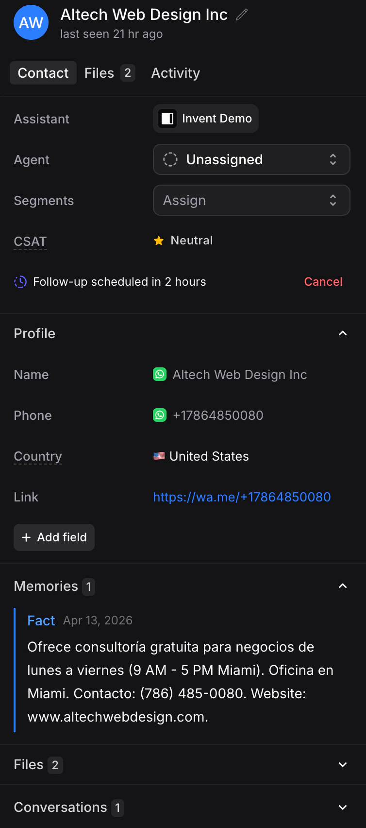 Contact panel showing info, profile, memories, and files