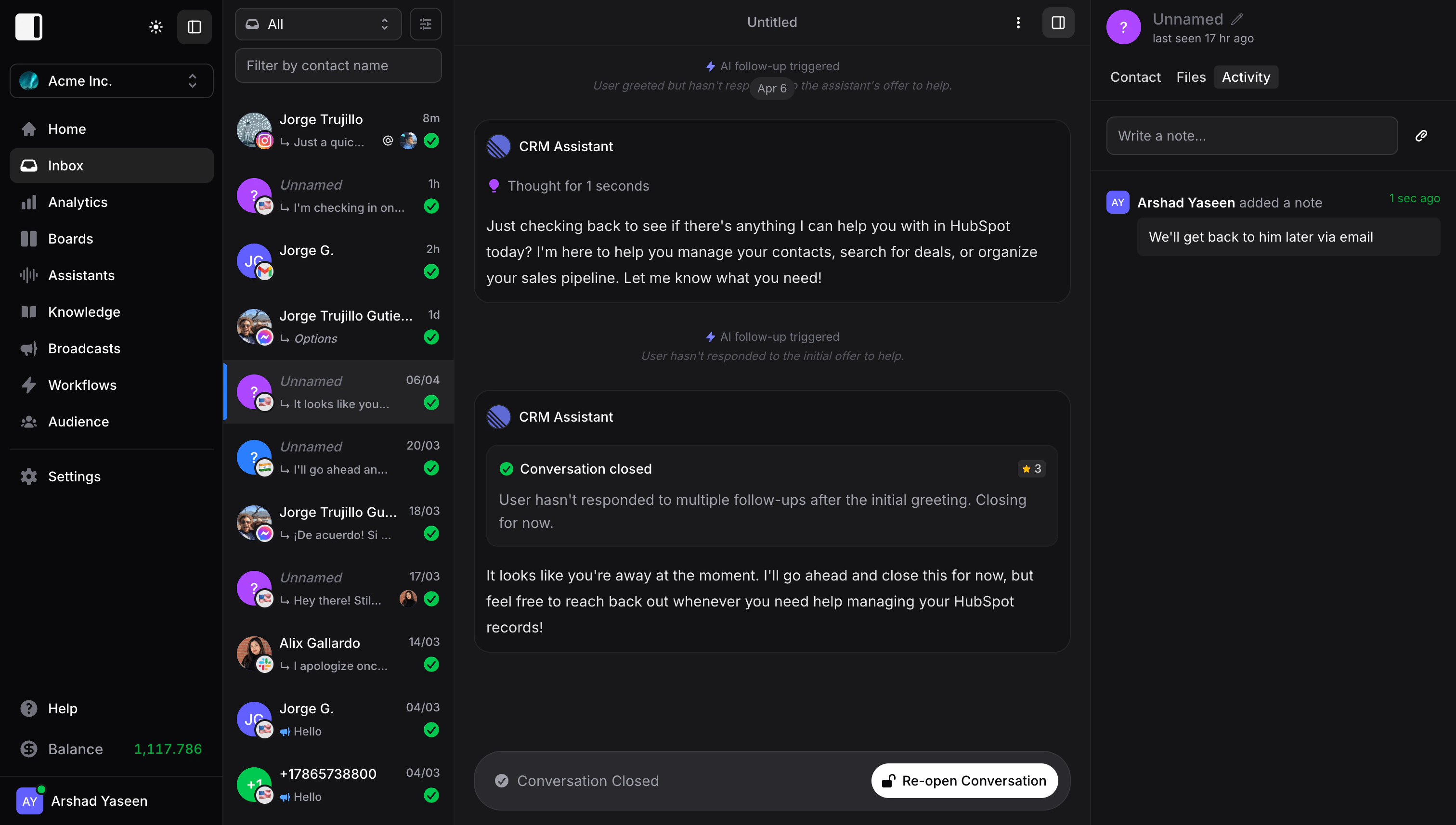 Inbox showing the Activity tab with notes and timeline