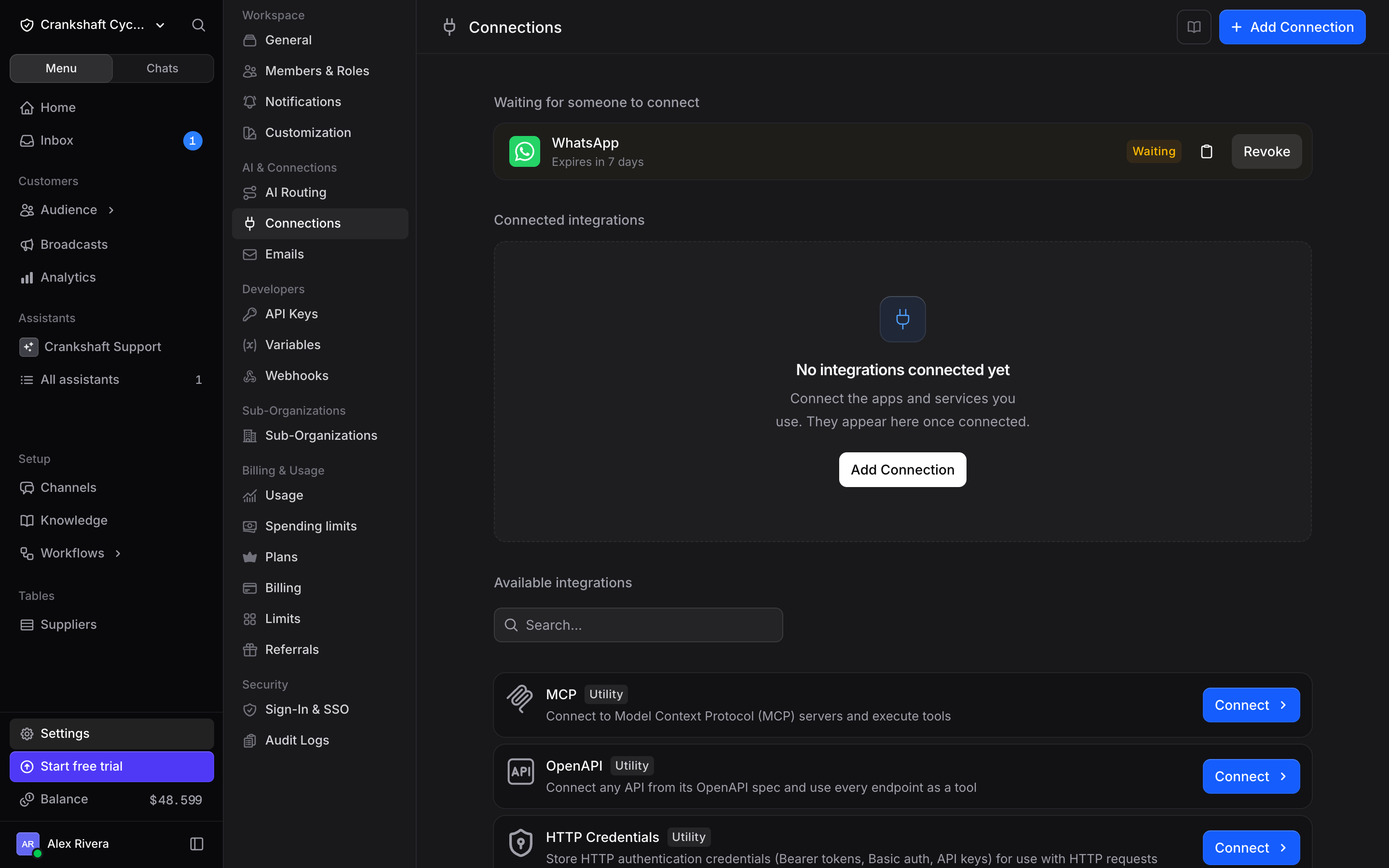 Connections page with a WhatsApp link waiting to be used, with copy and Revoke
