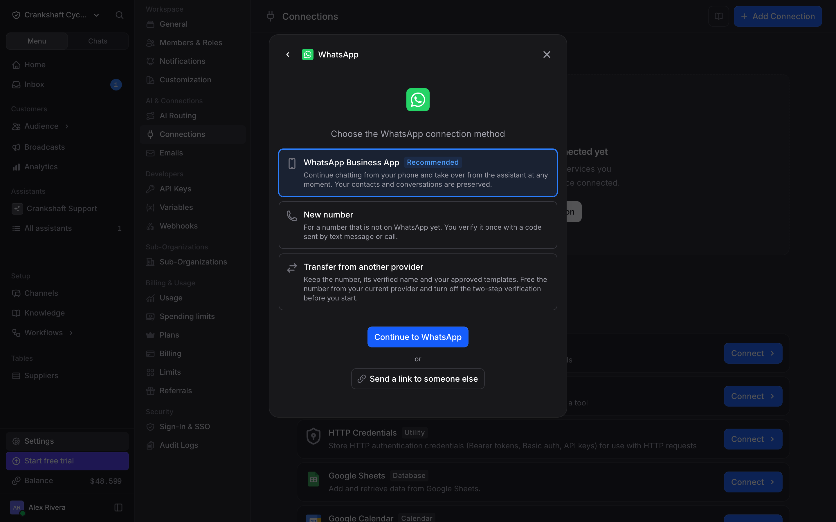 WhatsApp connect dialog with the Send a link to someone else button under Continue to WhatsApp