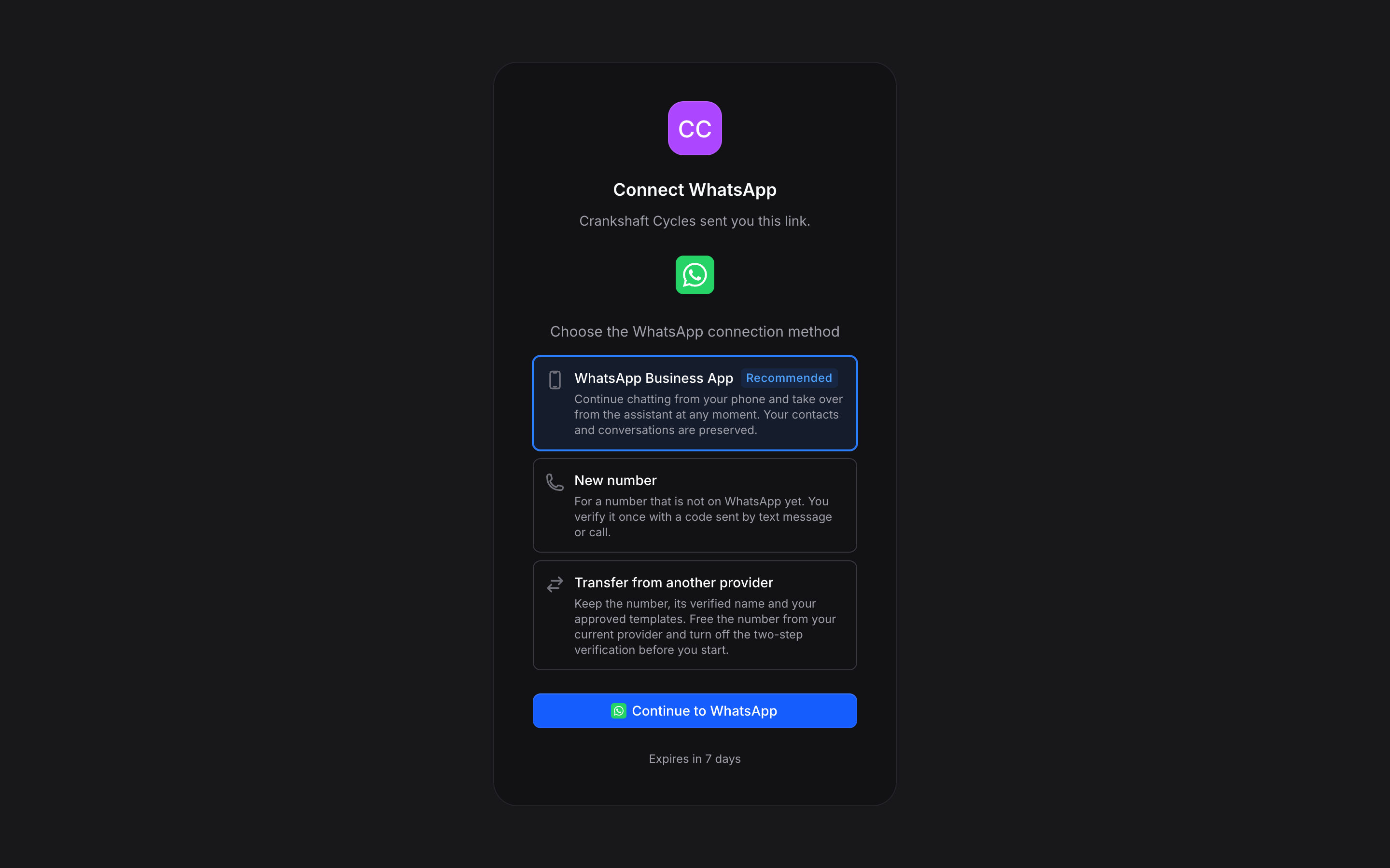 Connection link page with the organization logo, Connect WhatsApp and a Continue to WhatsApp button