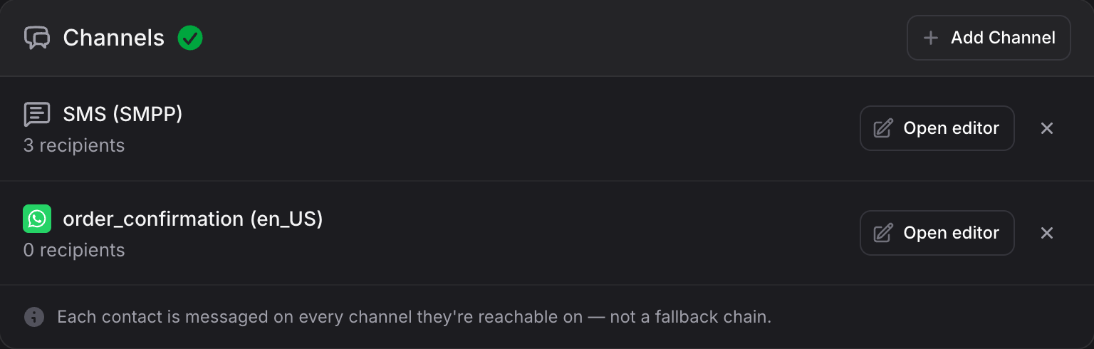 A broadcast with multiple channels configured