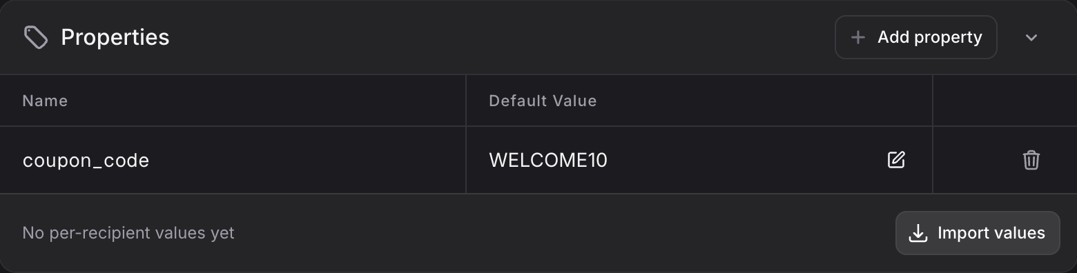 Broadcast properties table with names and default values