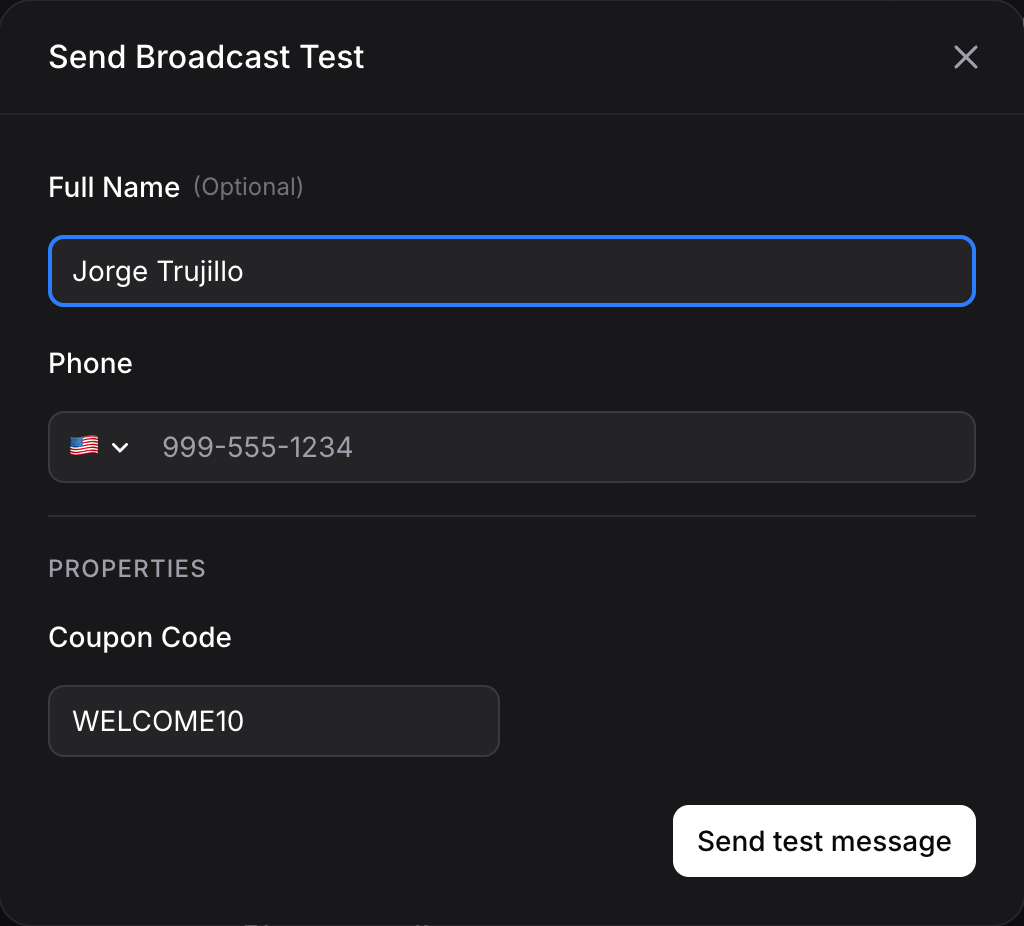 Send a test broadcast dialog with name and phone fields