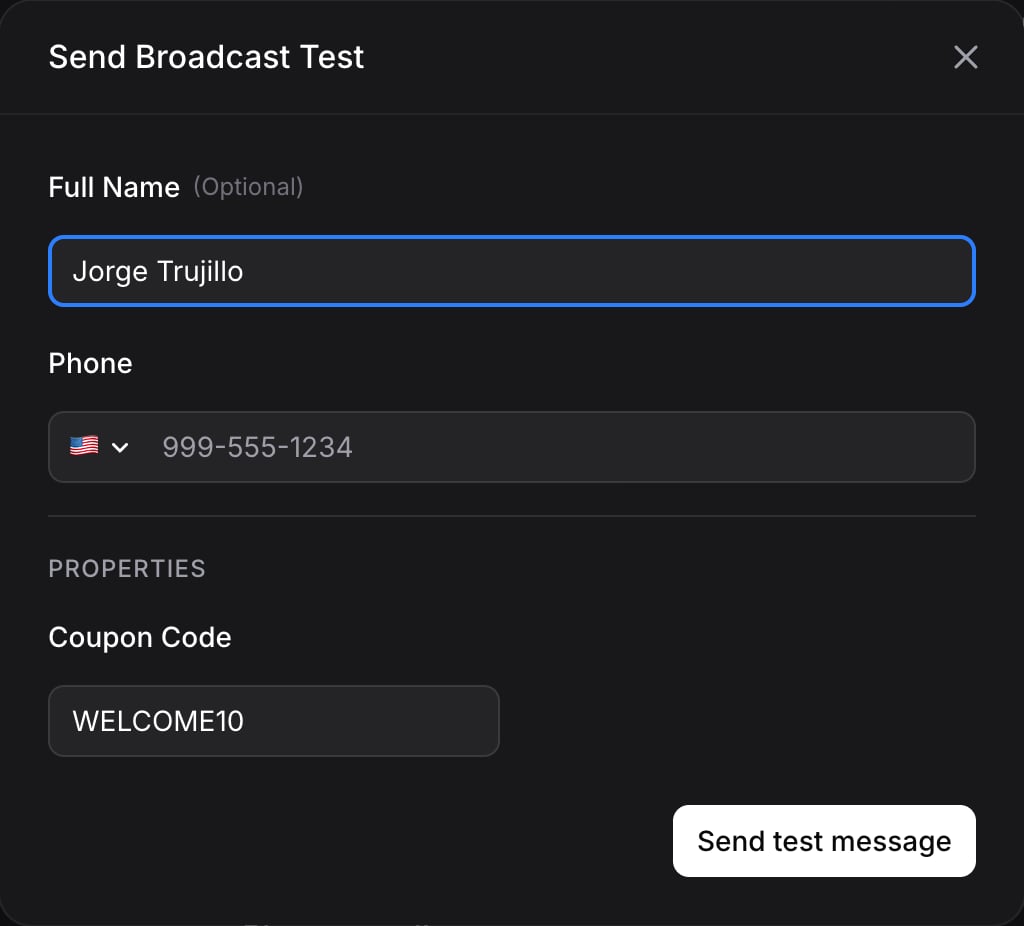 Send a test broadcast dialog with name and phone fields