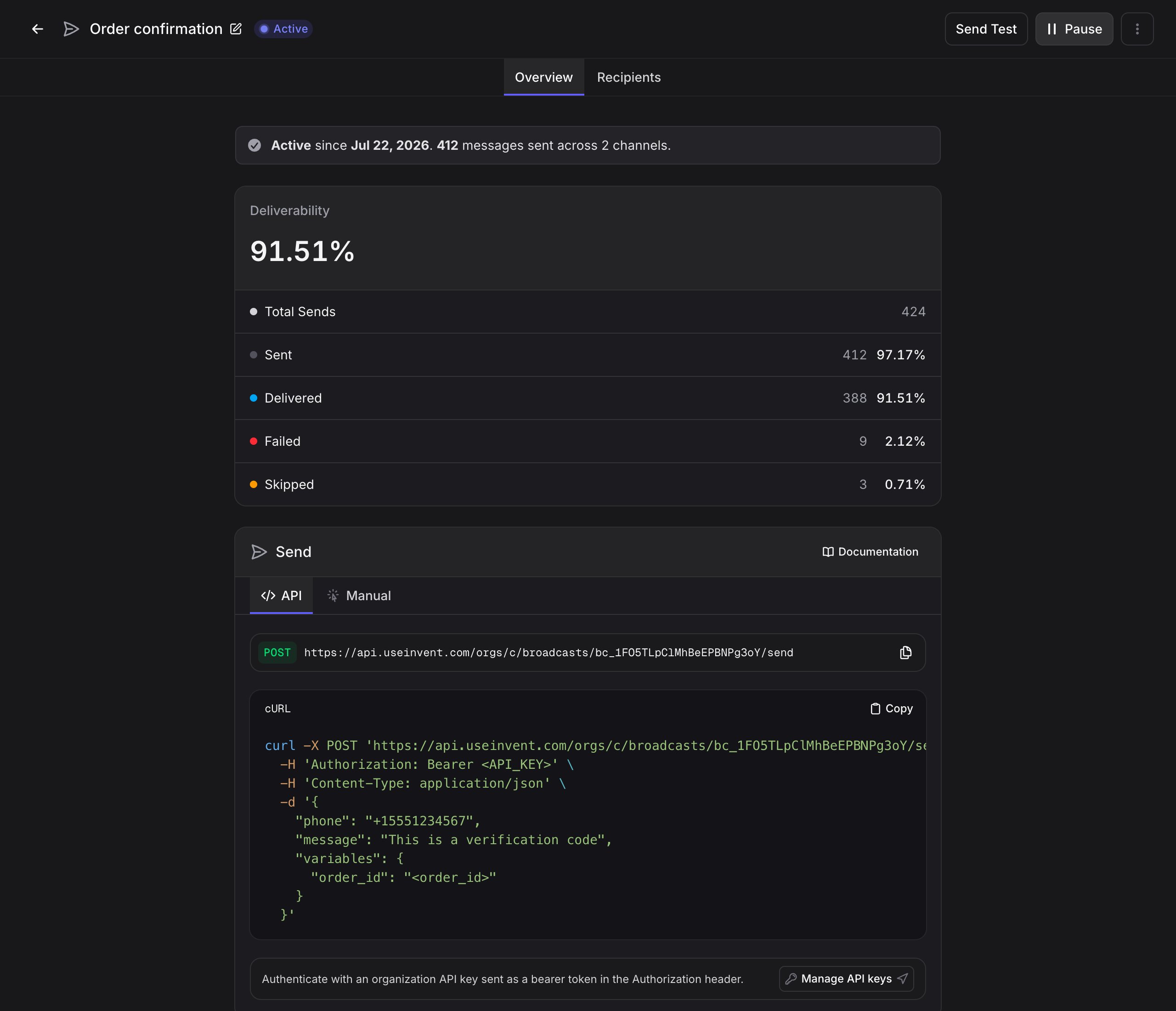 A transactional broadcast showing its deliverability stats and the Send panel