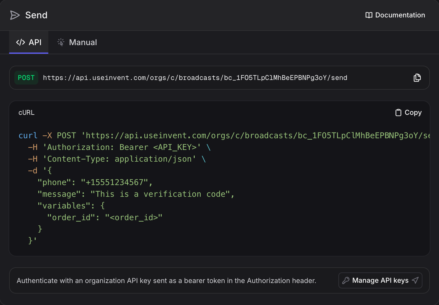 Send panel API tab showing the POST endpoint, a cURL example, and a Manage API keys button