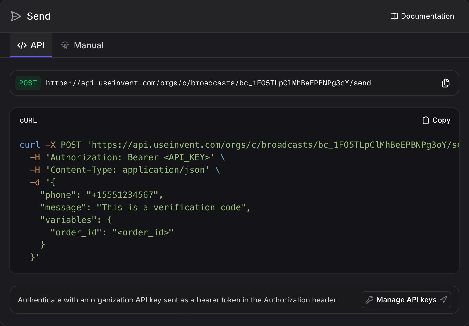 Send panel API tab showing the POST endpoint, a cURL example, and a Manage API keys button