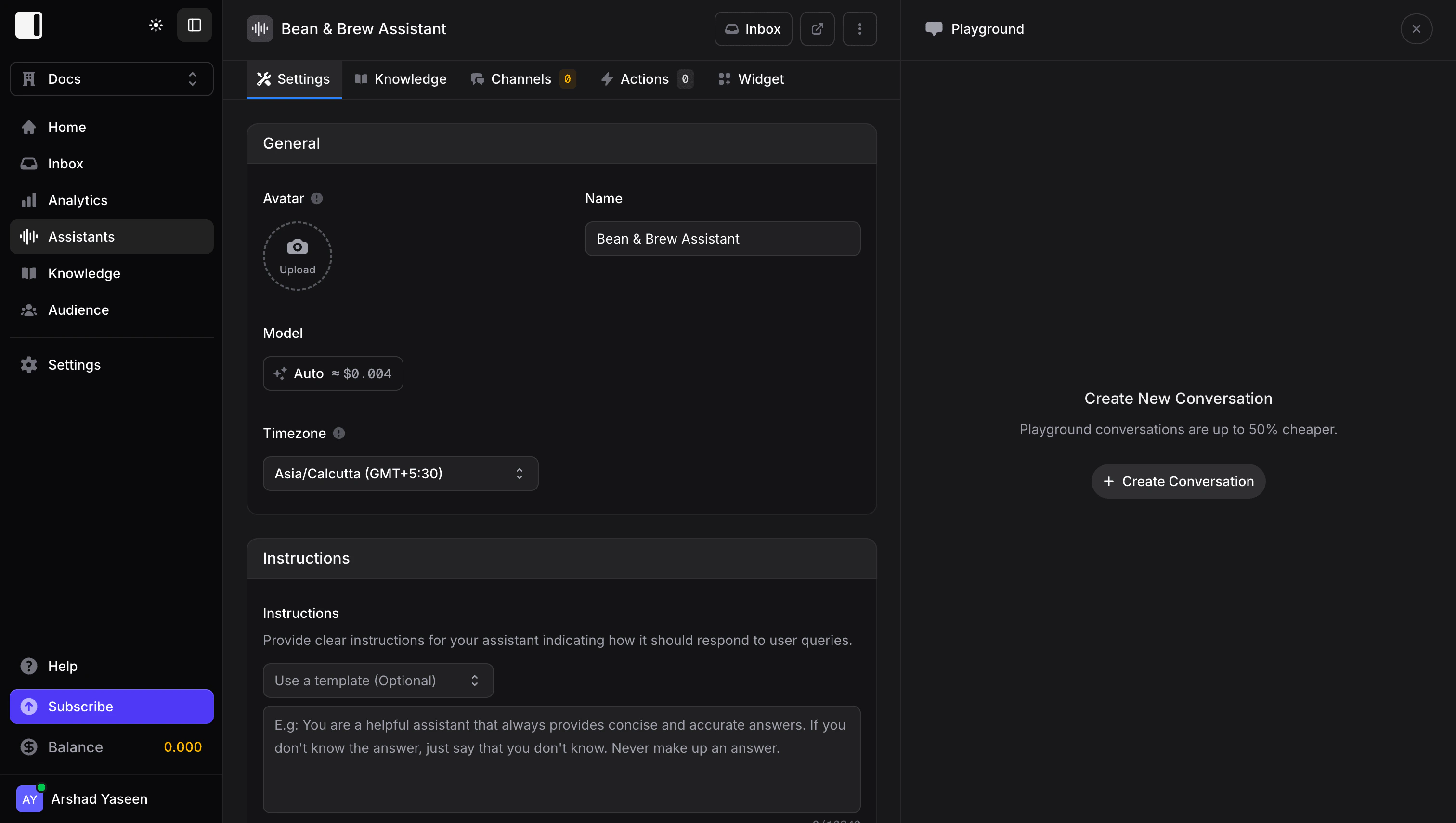 Assistant configuration page after creation