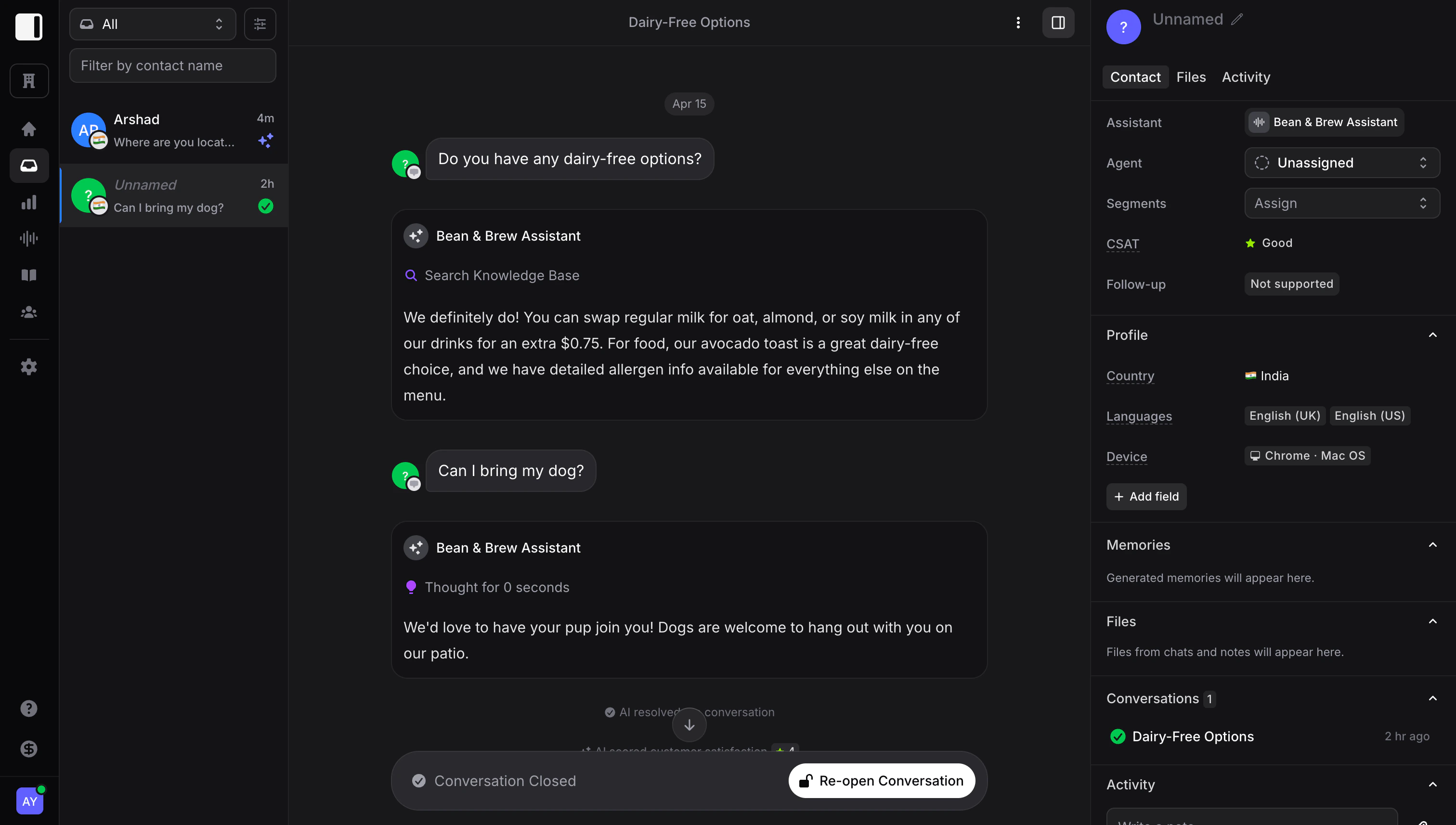 Inbox showing the web widget conversation