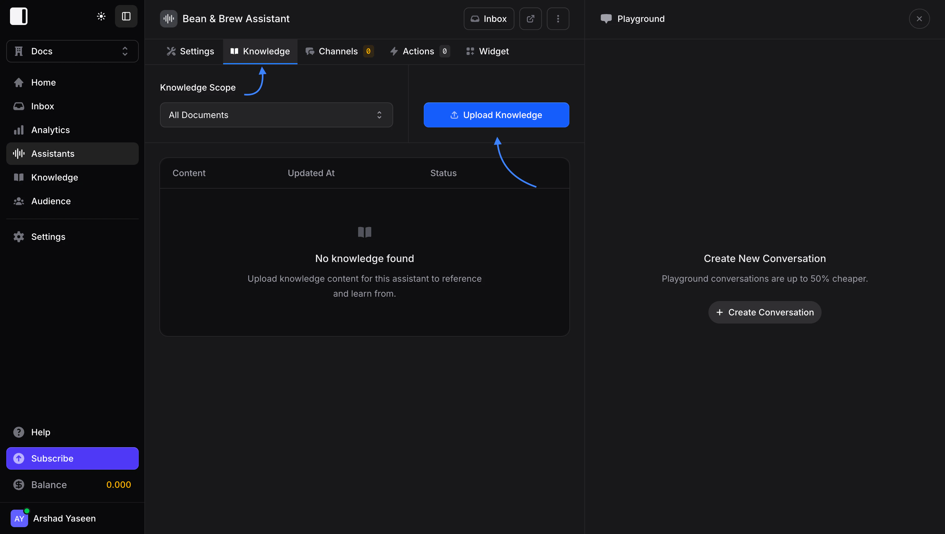 Knowledge tab and Upload Knowledge button