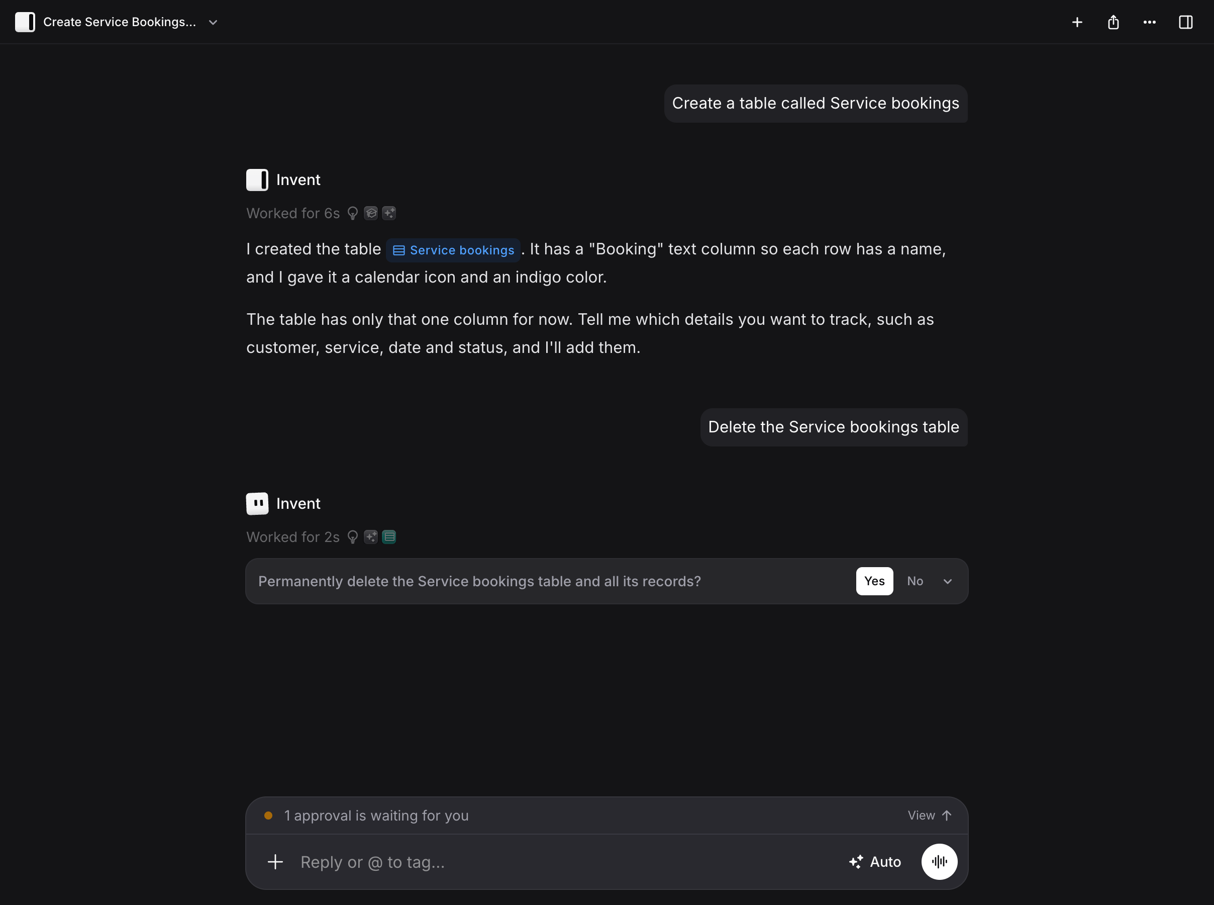 An Ask Invent chat where the AI created a table, then asks for approval before deleting it, with Yes and No buttons