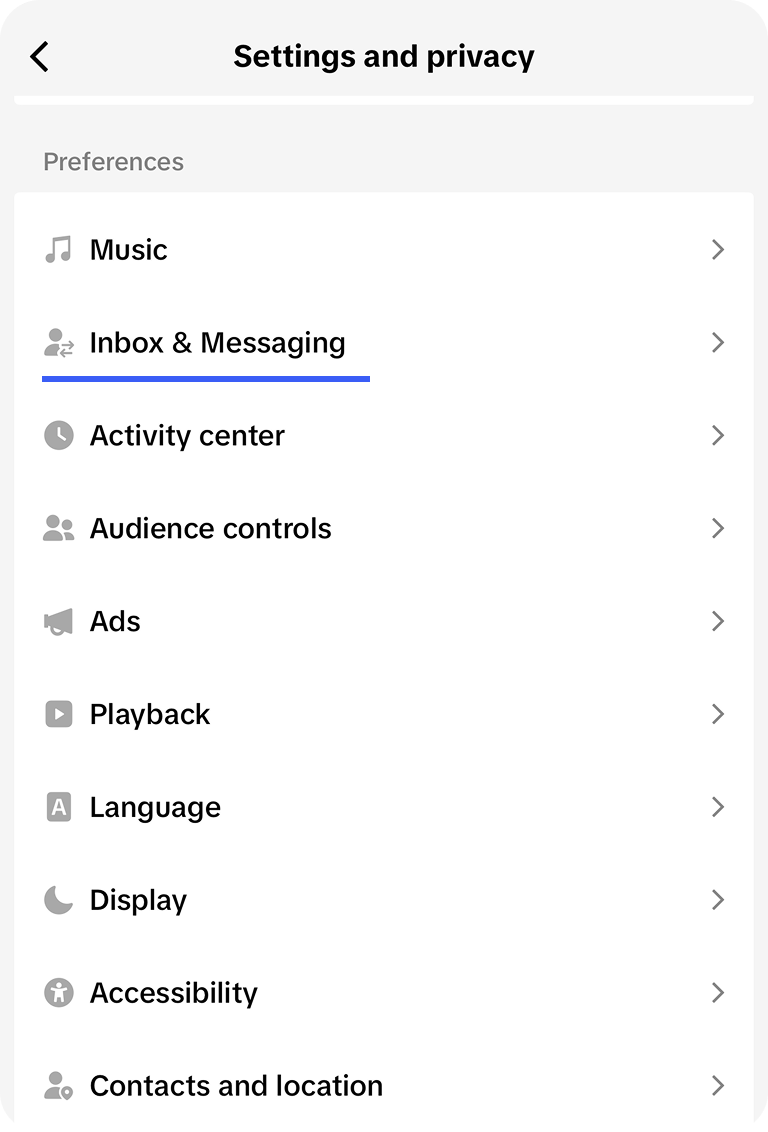 The Settings and privacy screen in the TikTok app with the Inbox and Messaging preference highlighted