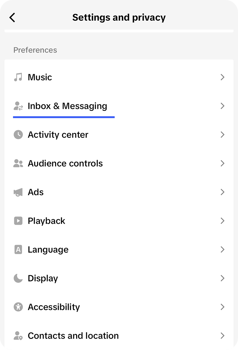 The Settings and privacy screen in the TikTok app with the Inbox and Messaging preference highlighted