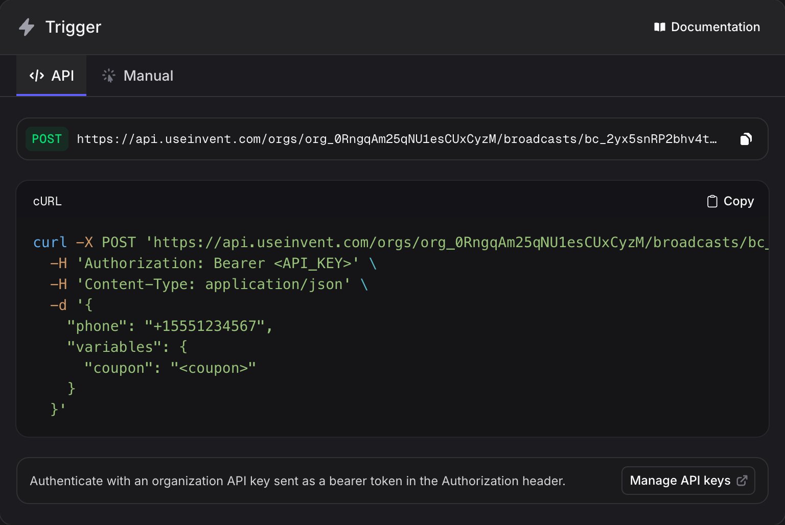 Trigger API tab showing the POST endpoint, a cURL example, and a Manage API keys button