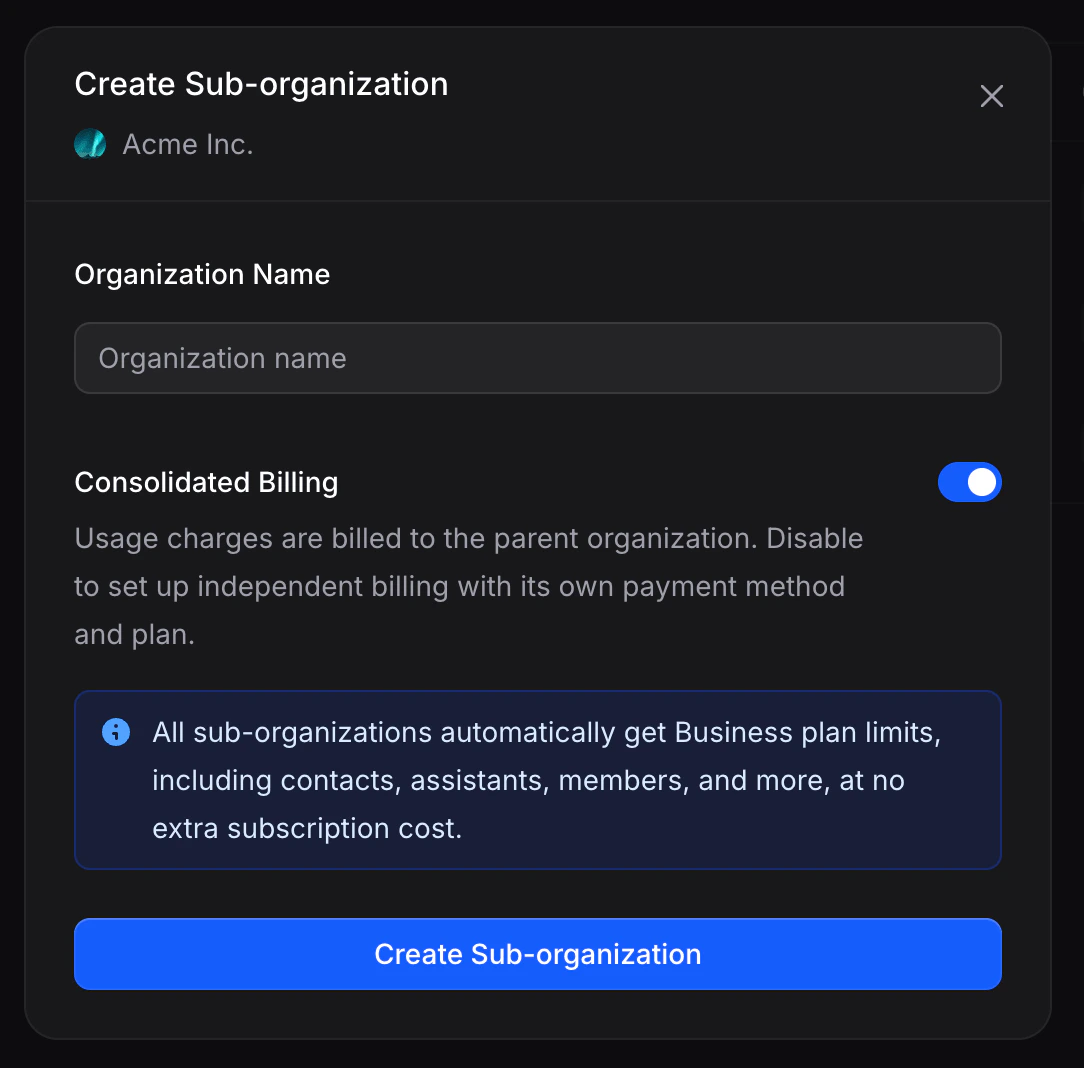 Create Sub-organization modal with name input