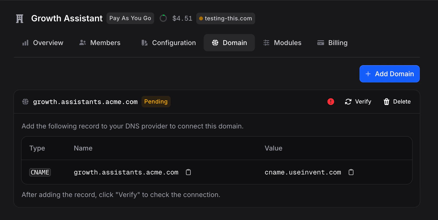 Domain tab inside a sub-organization with an Add Domain button