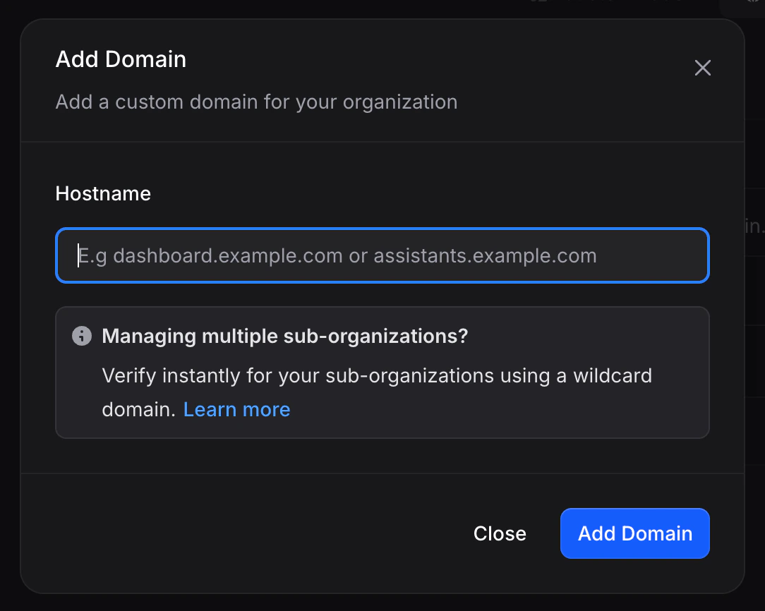 Add Domain modal with hostname input