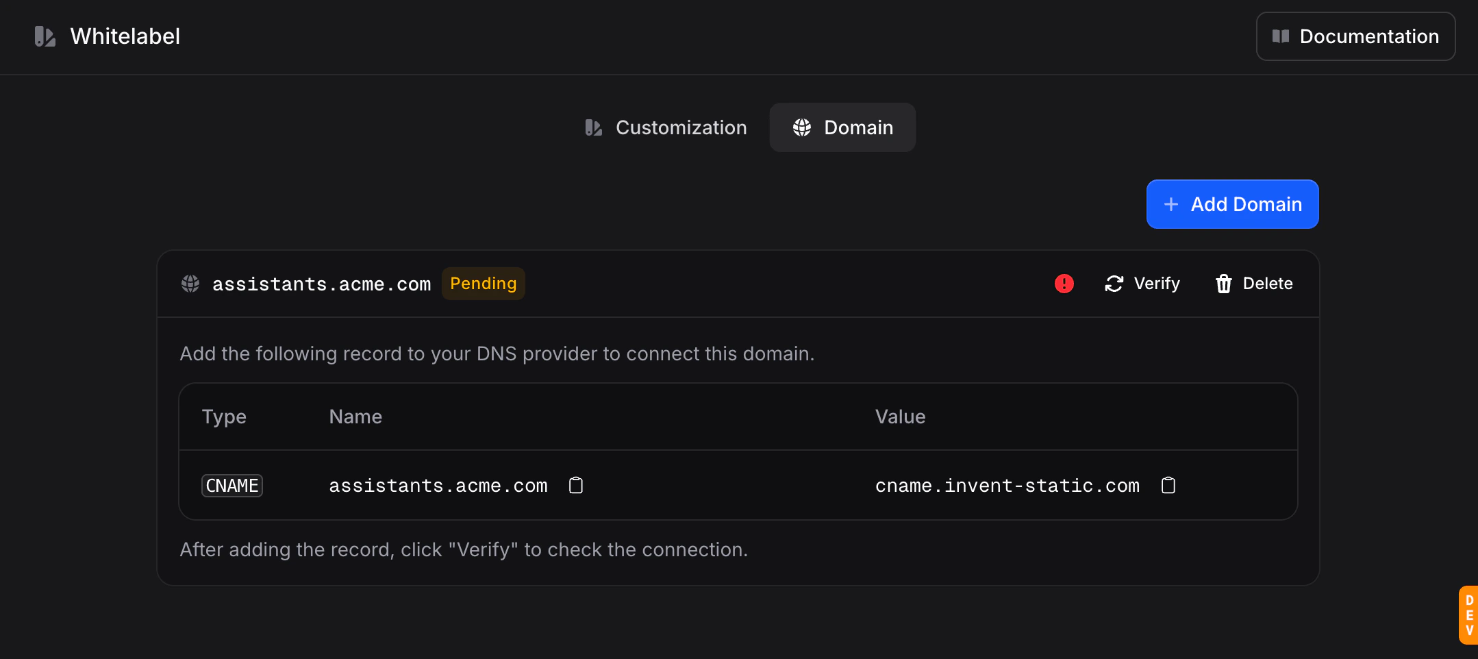 Domain tab with a pending domain and the CNAME record to add