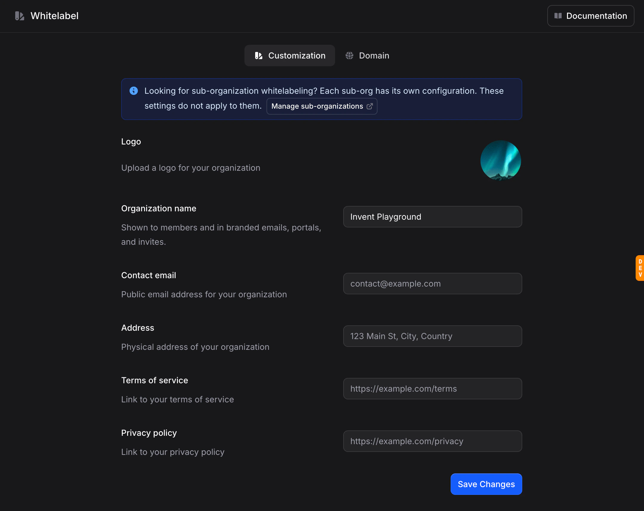 Whitelabel page with Customization and Domain tabs