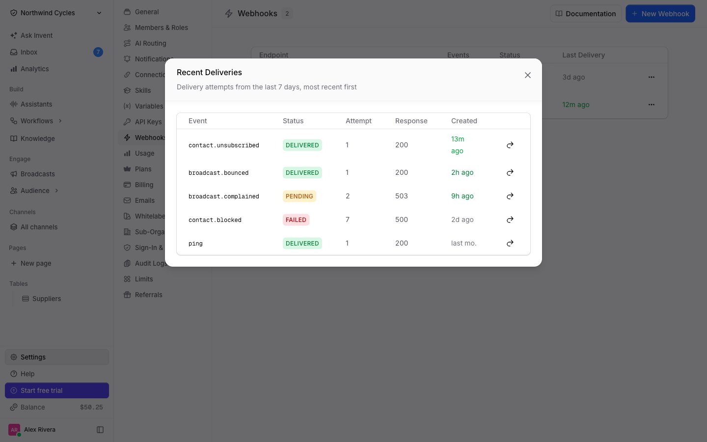 Recent webhook deliveries