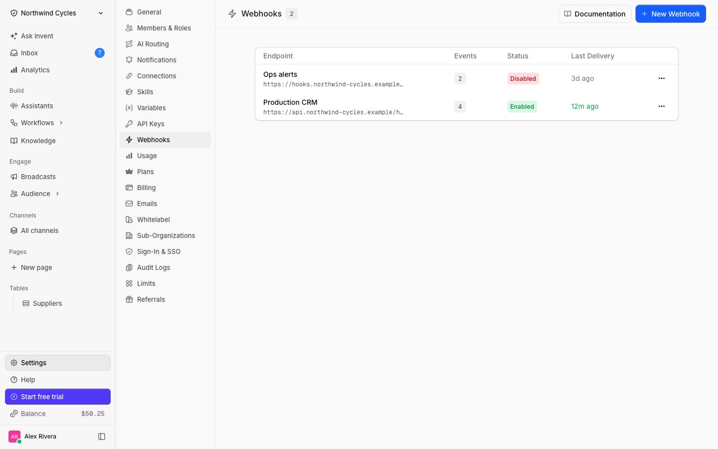 Webhook endpoints