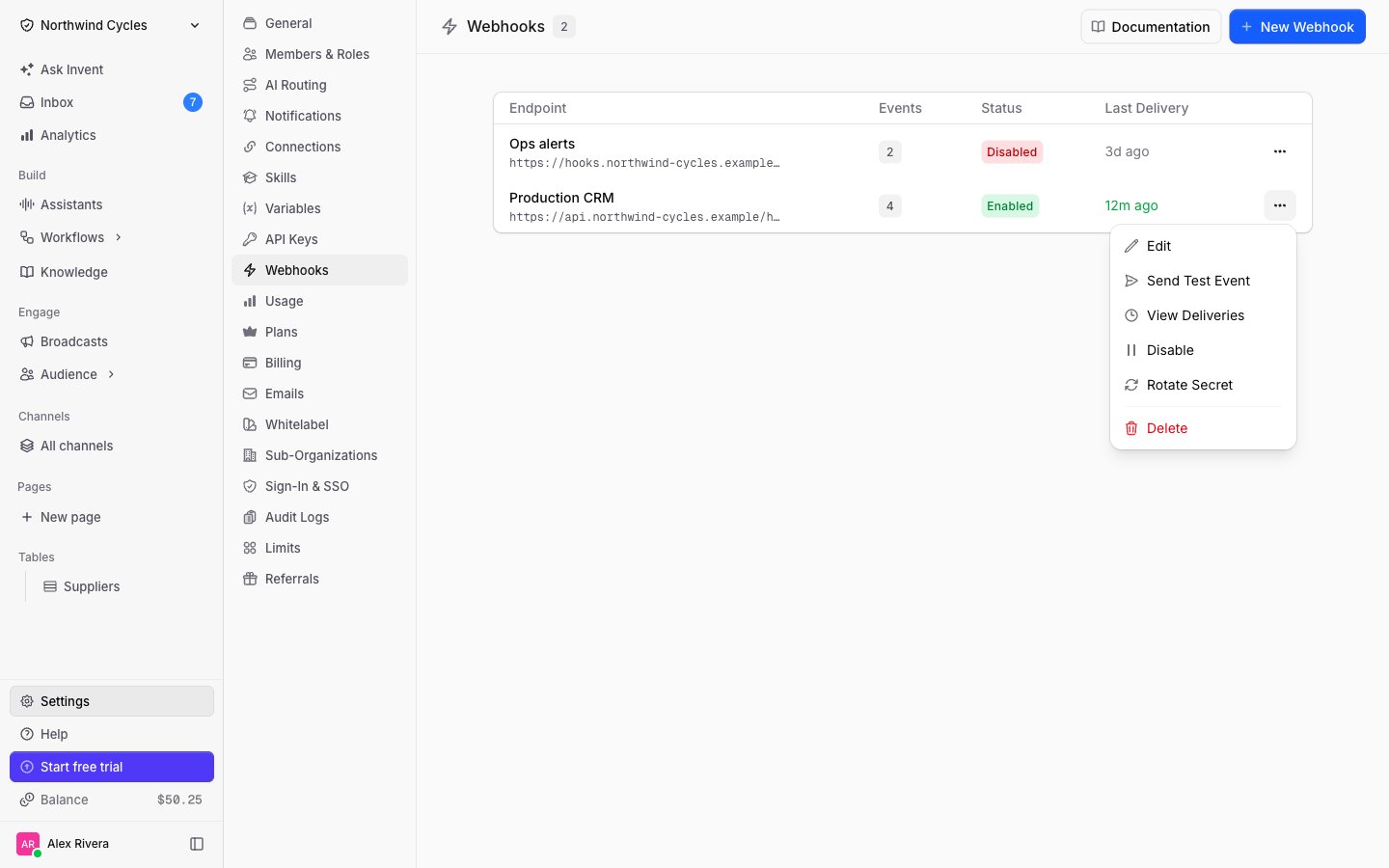 Webhook options menu