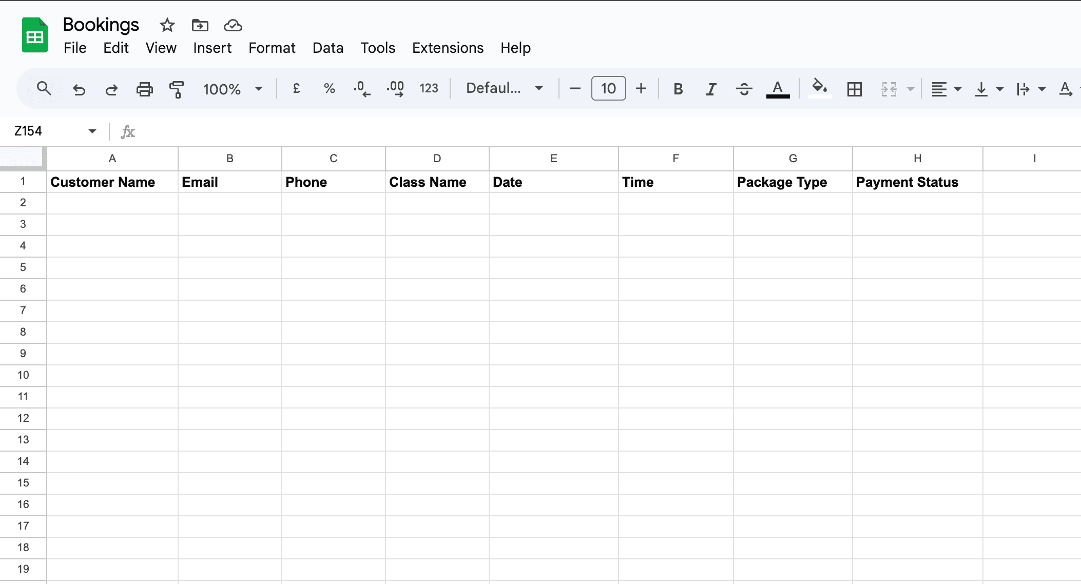 Bookings Spreadsheet
