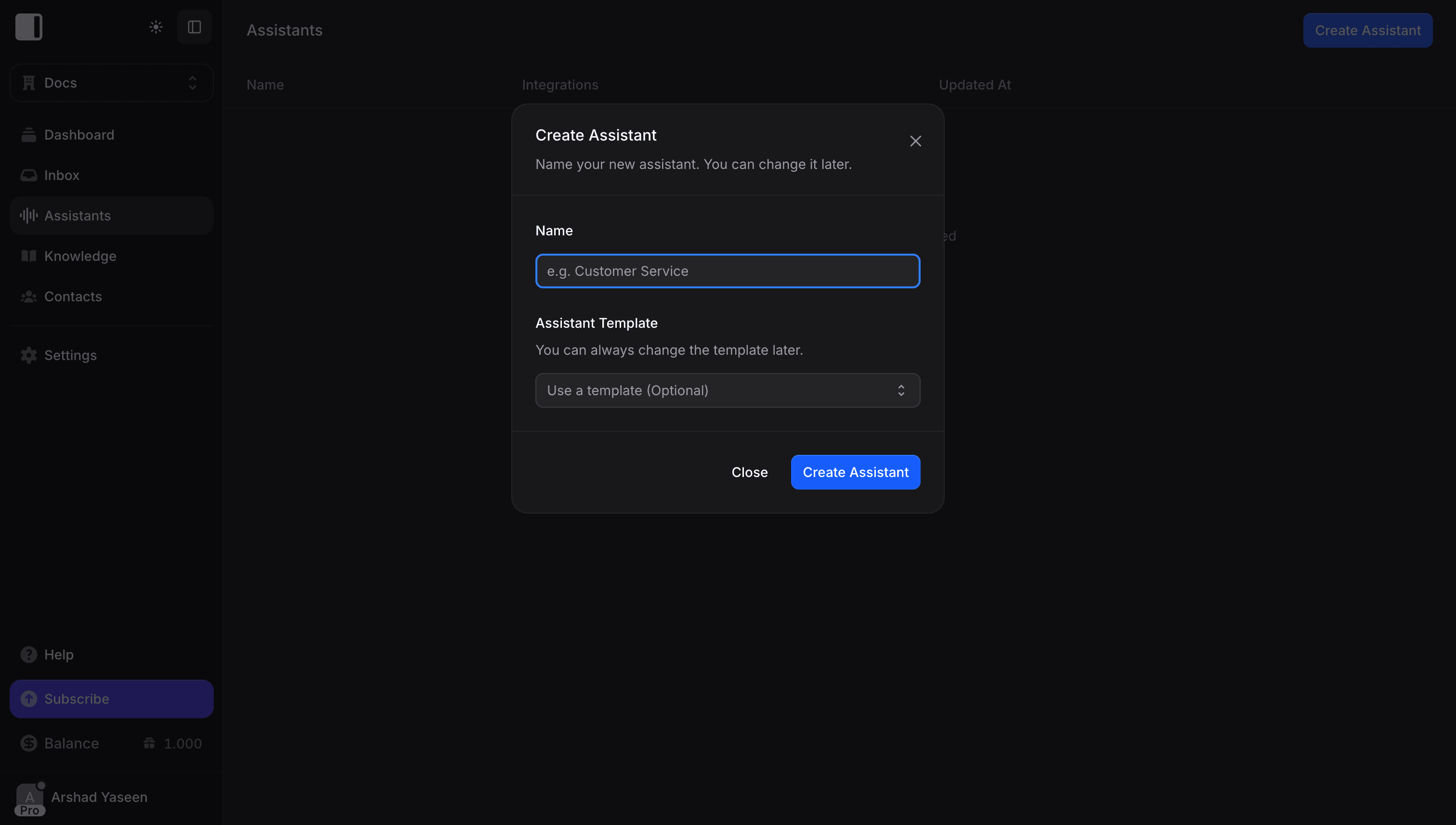 Create Assistant Dialog