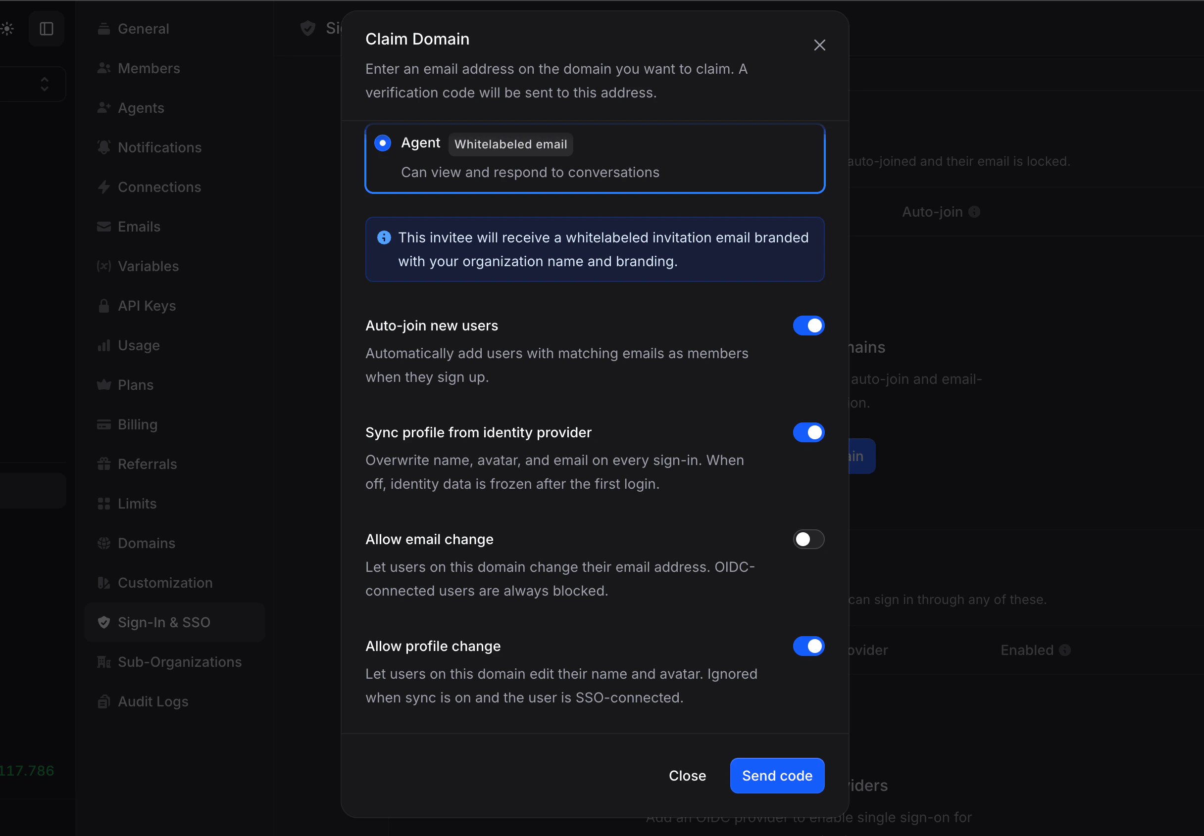 Add domain dialog (toggles and submit)