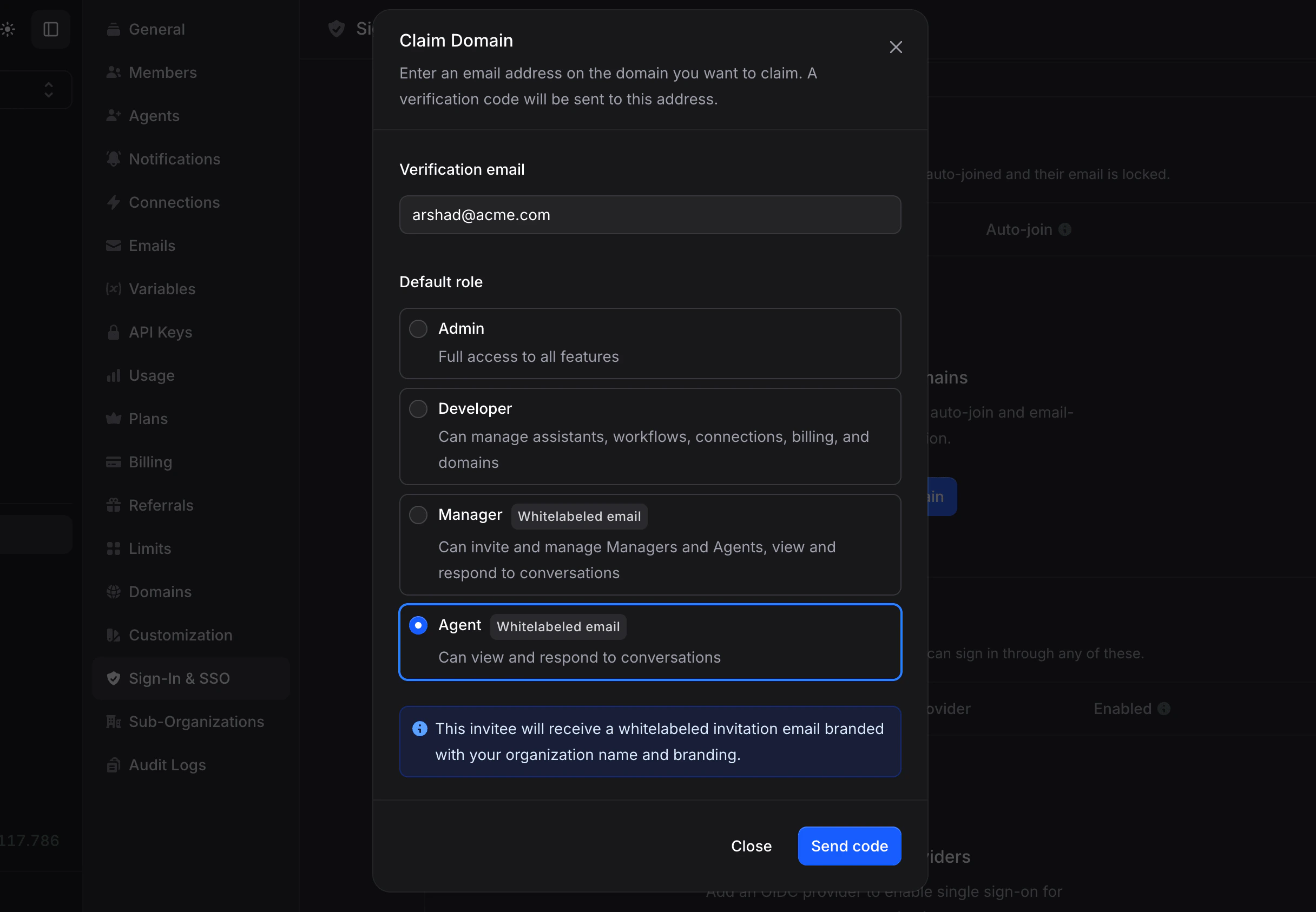 Add domain dialog (email and role)