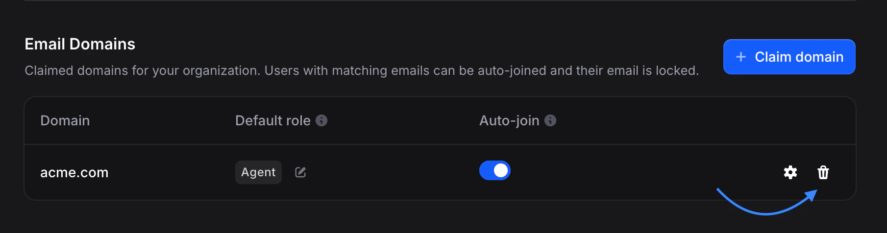 Delete icon on domain row