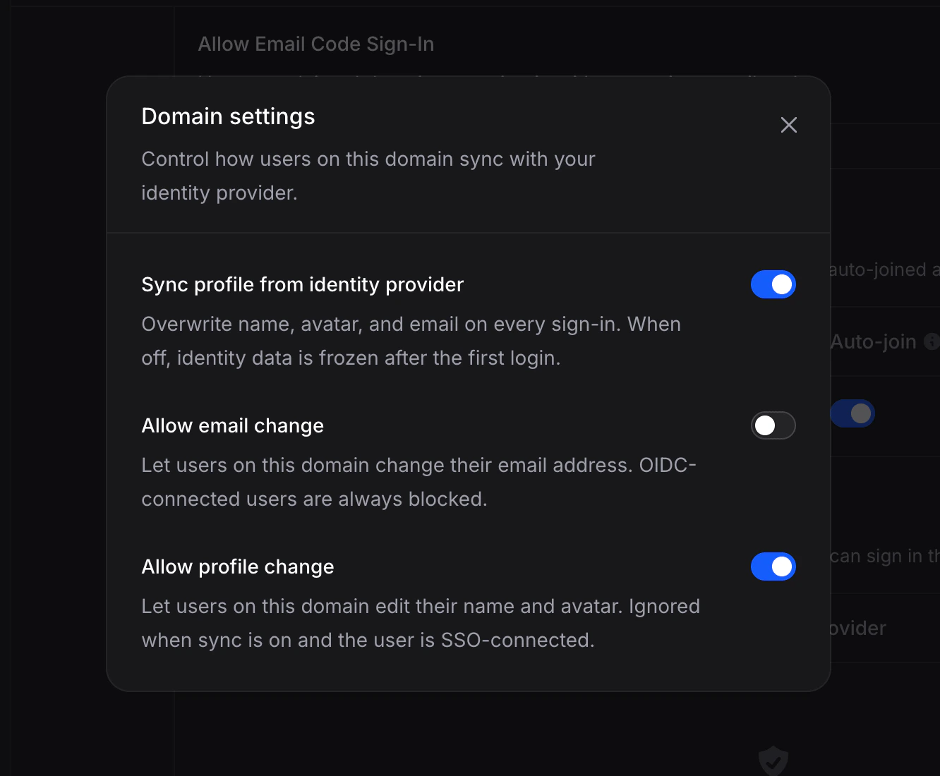 Domain settings dialog