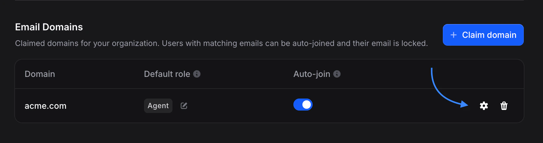 Settings icon on domain row