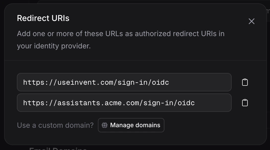 Redirect URIs dialog