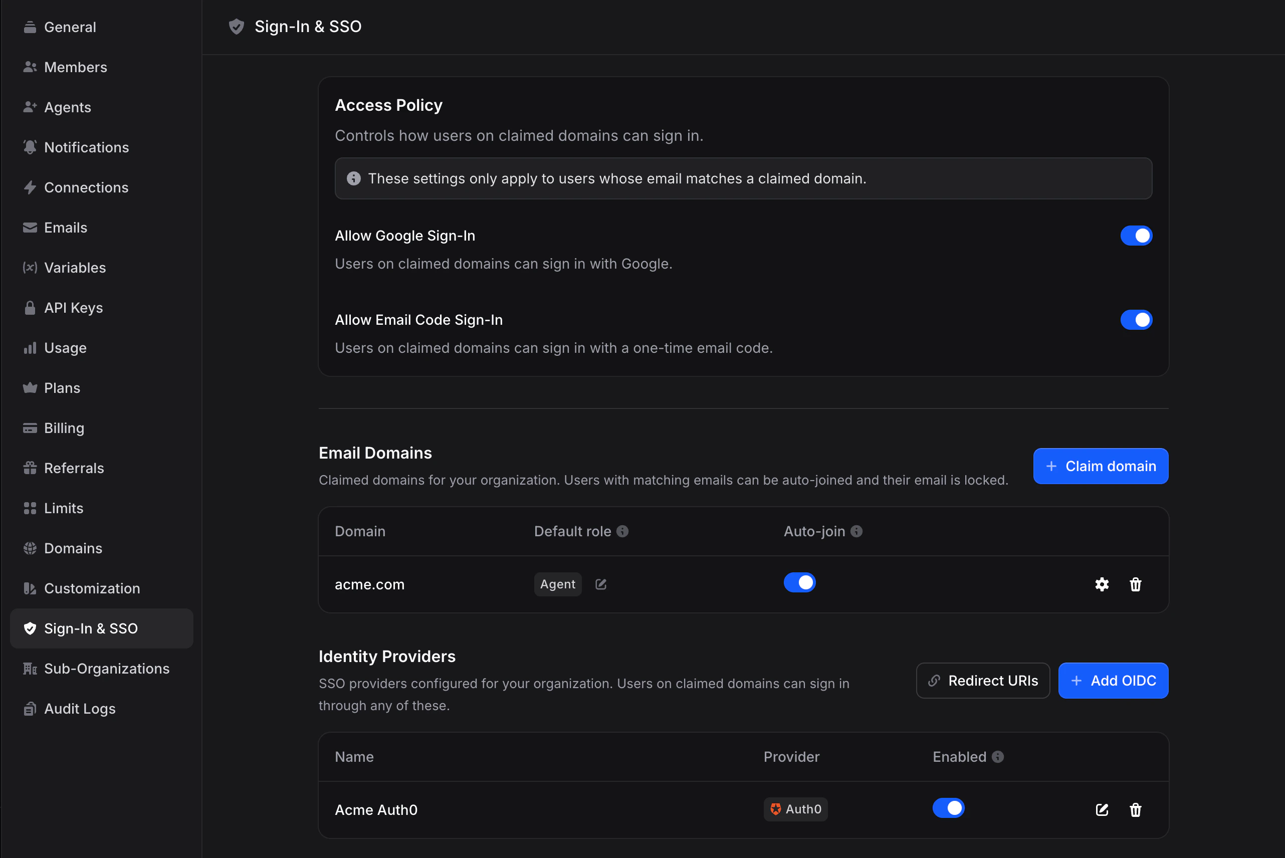 SSO settings overview