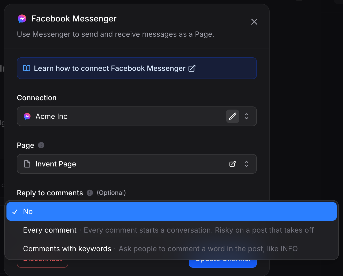 The Reply to comments options: No, Every comment, and Comments with keywords, each with a short hint