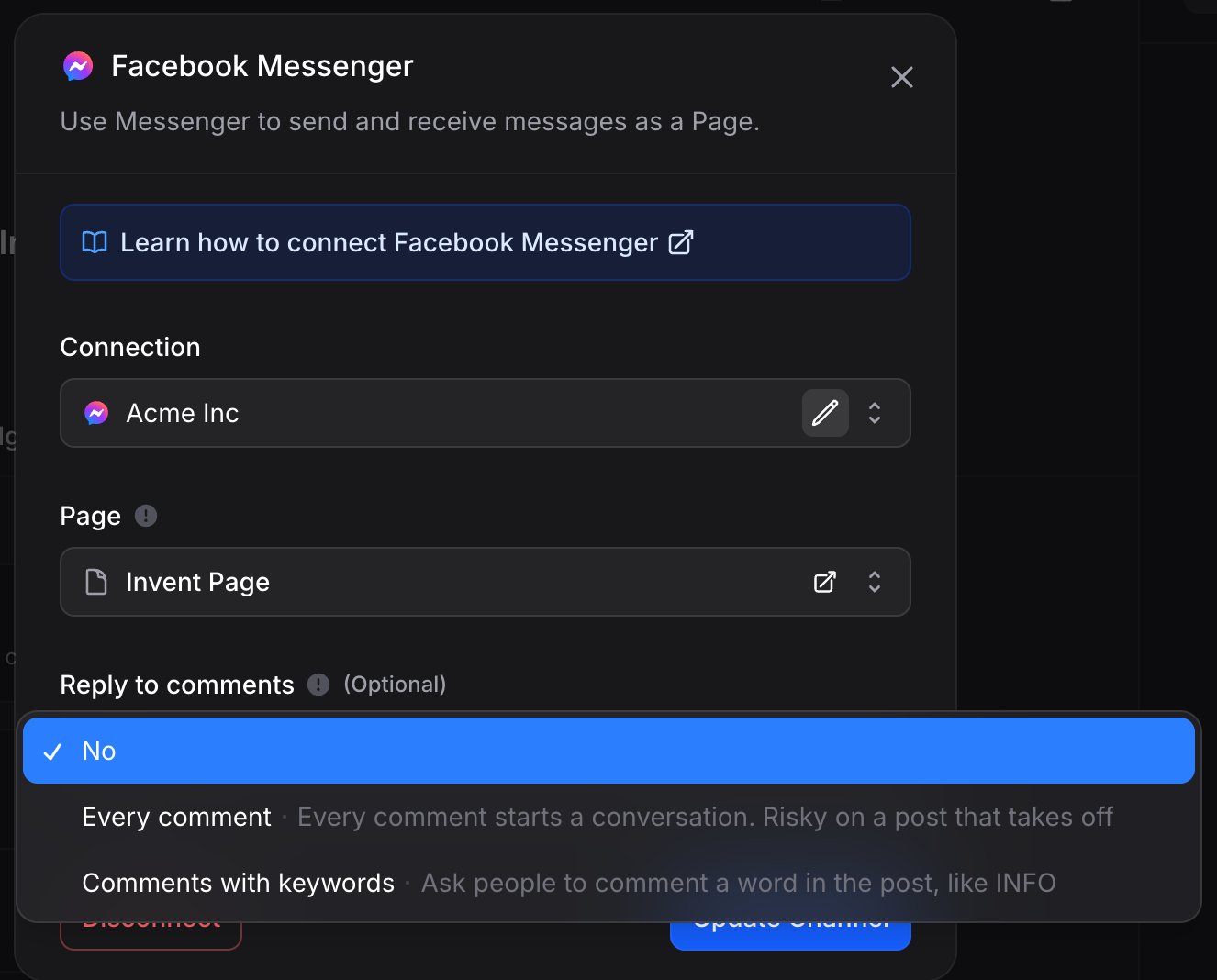 The Reply to comments options: No, Every comment, and Comments with keywords, each with a short hint