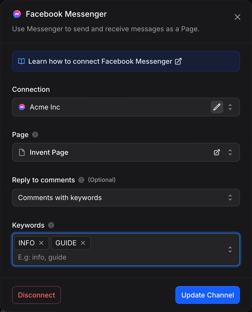 Facebook Messenger channel settings with Reply to comments set to Comments with keywords and the keywords INFO and GUIDE added