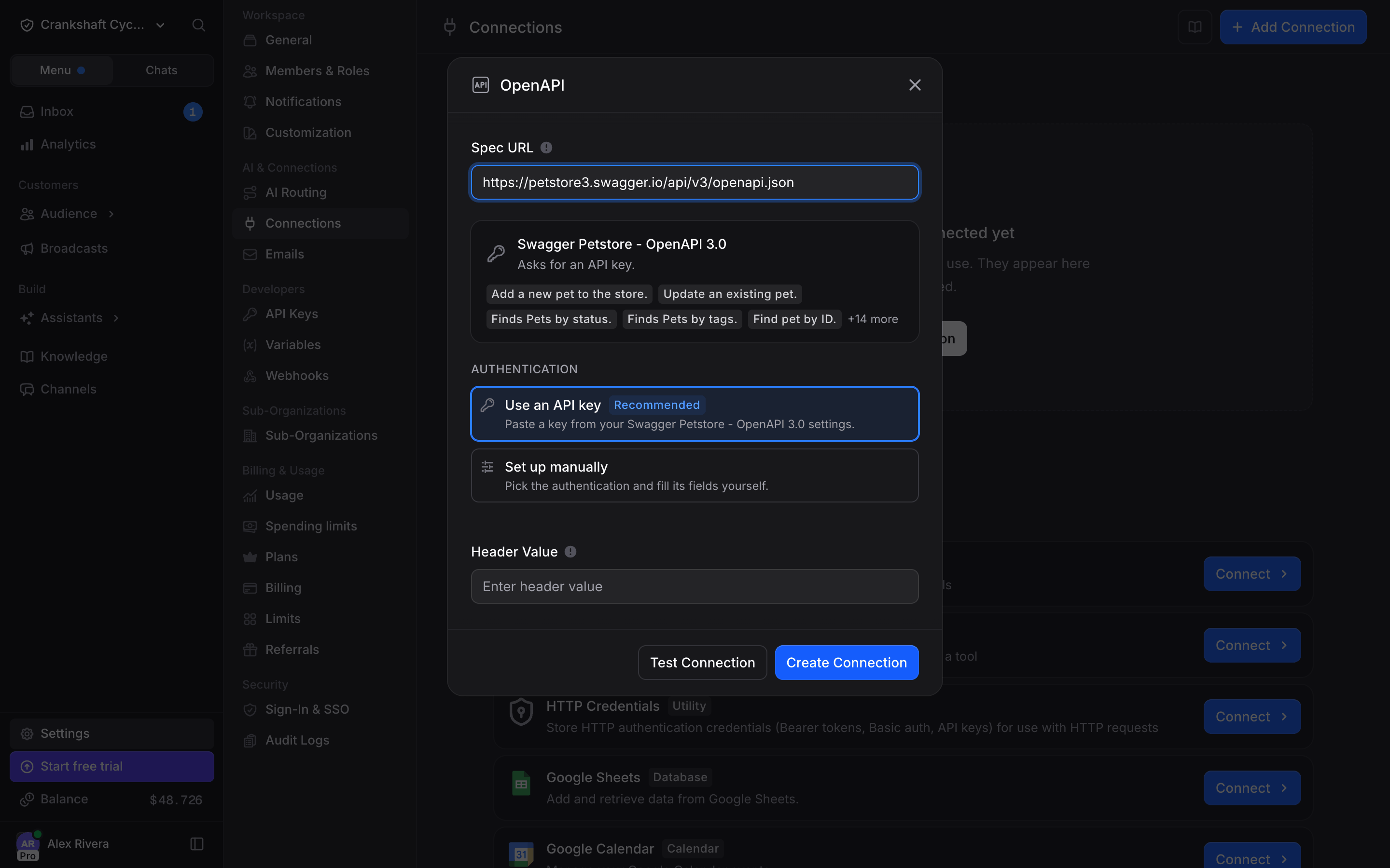 OpenAPI connection form: Connection Name, Spec URL, Server URL and the Authentication picker
