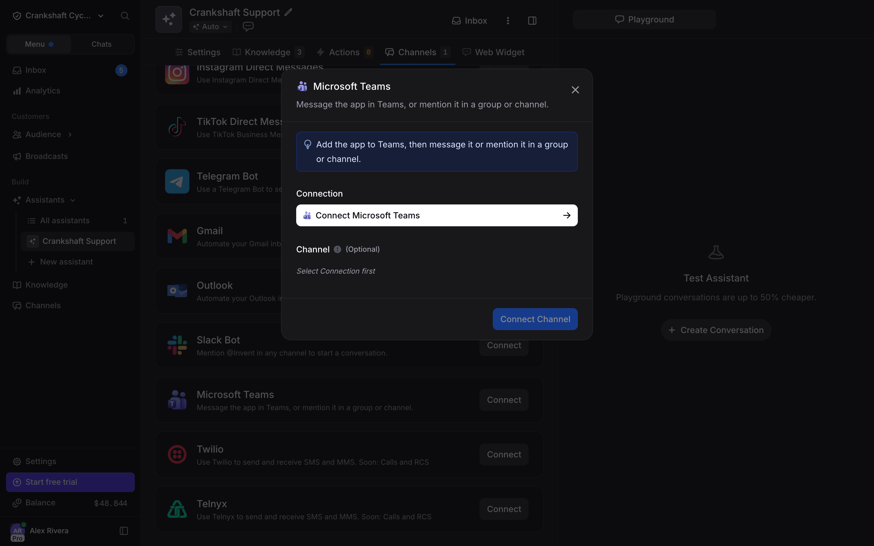 Microsoft Teams connect dialog with a Connect Microsoft Teams button and the Channel field