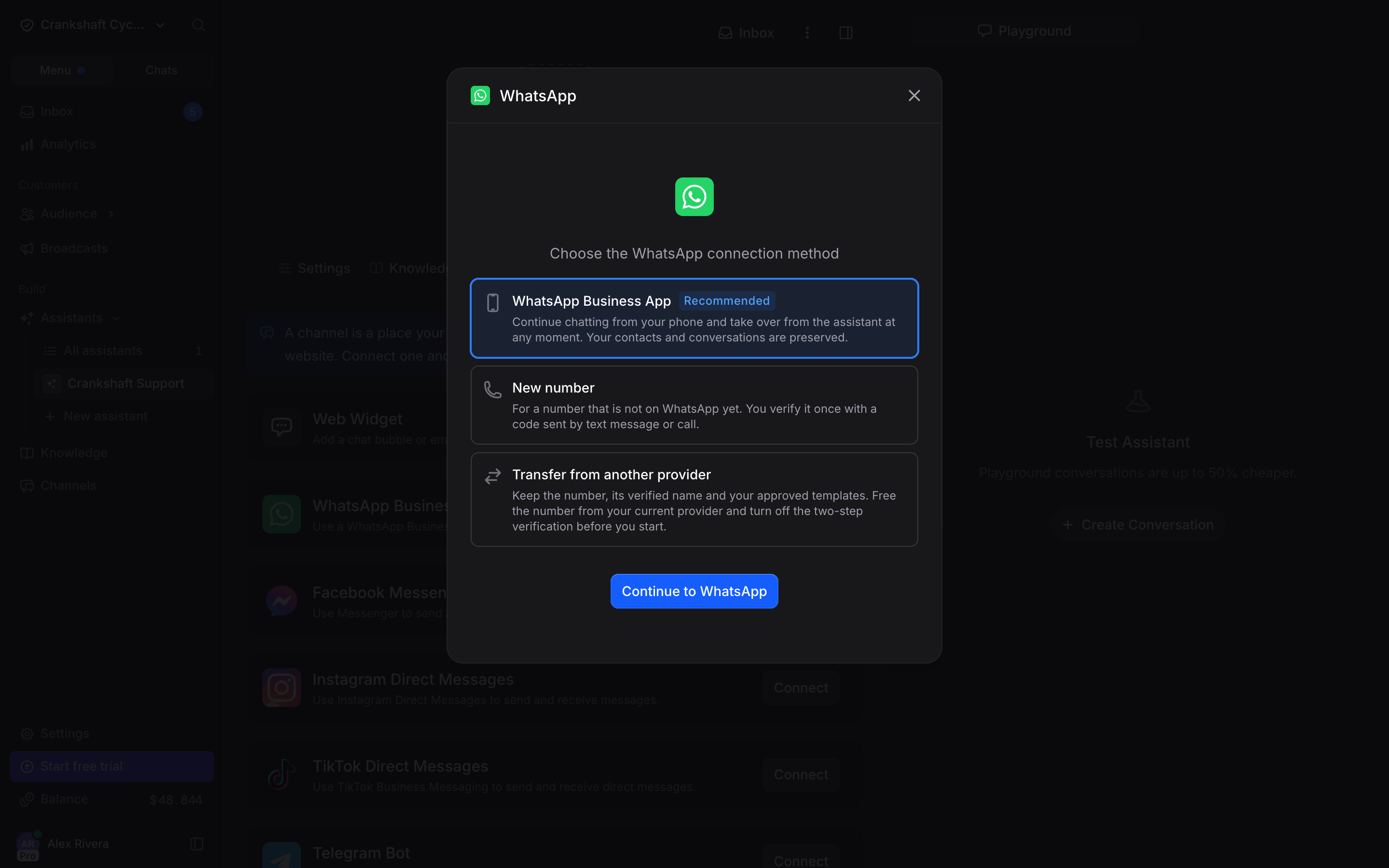 The WhatsApp connection method dialog with the WhatsApp Business App, New number and Transfer from another provider cards