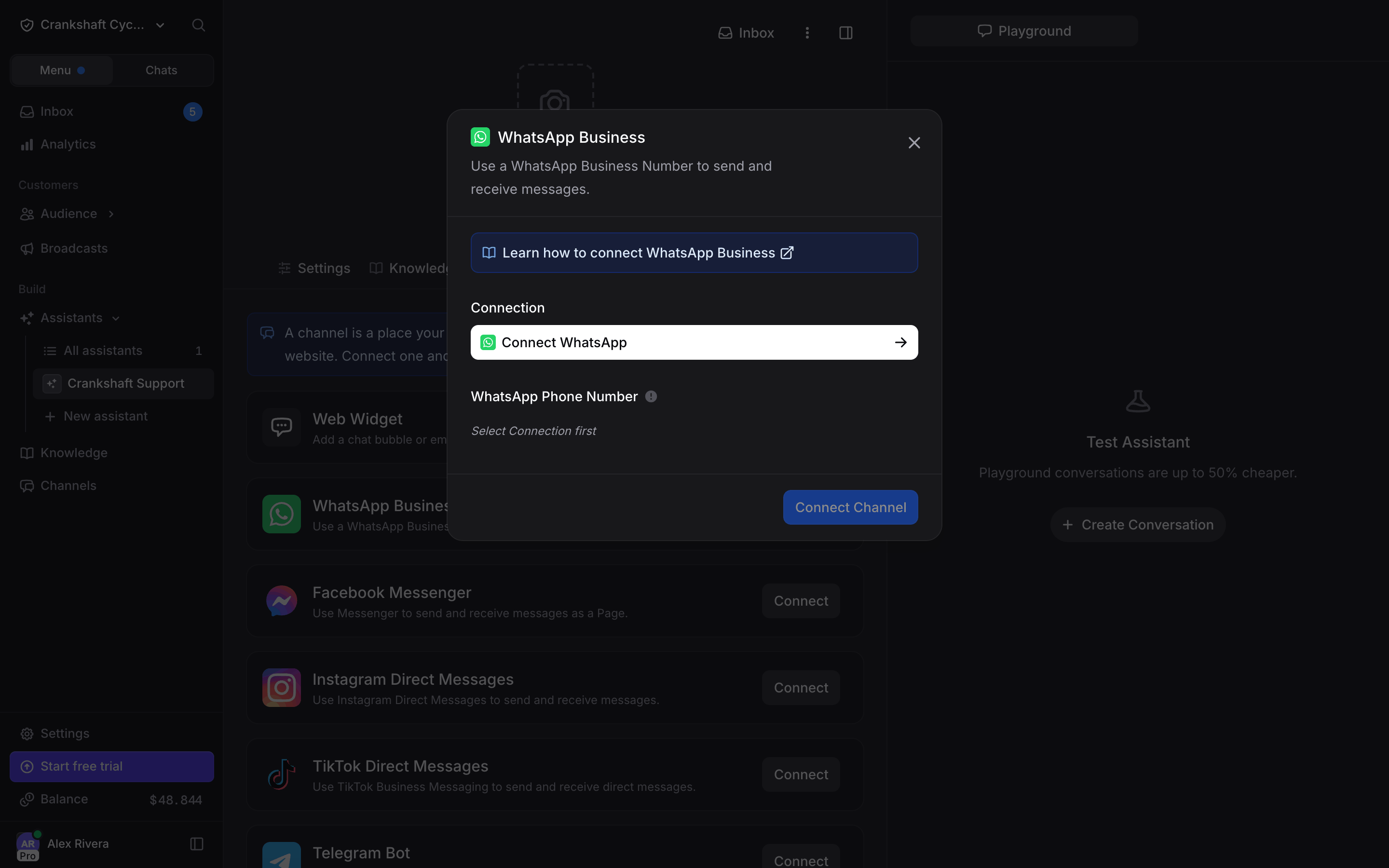 WhatsApp channel connect dialog on first open, with a + Connect WhatsApp button inside the Connection field