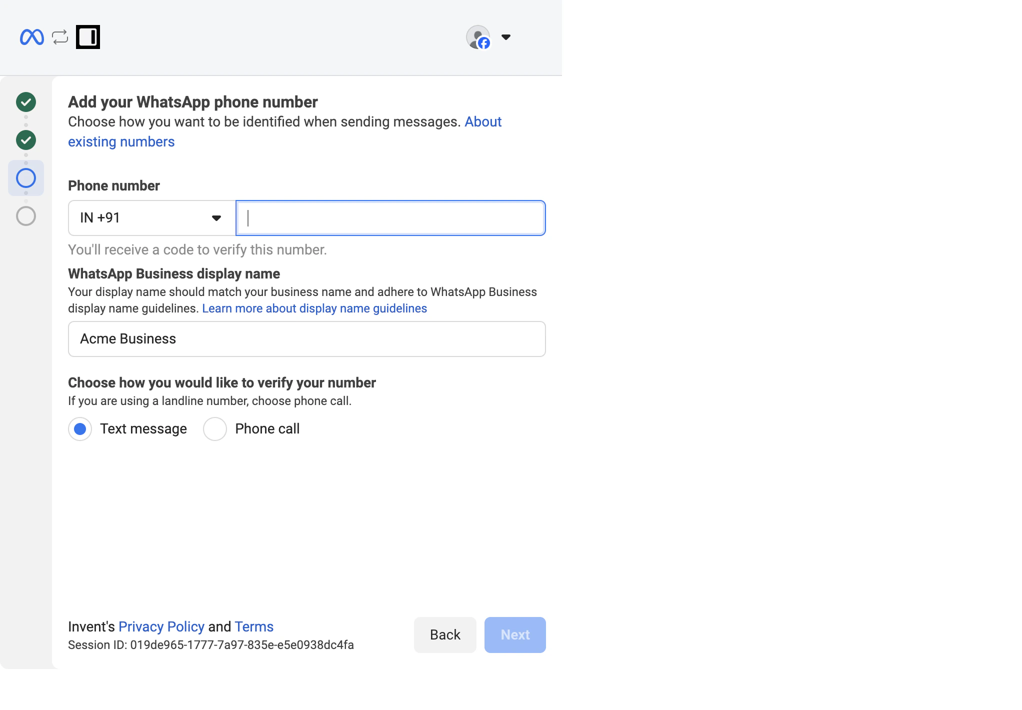 Add your WhatsApp phone number form with Phone number country code IN +91 and empty number field, WhatsApp Business display name set to Acme Business, and a Choose how you would like to verify your number radio with Text message and Phone call options
